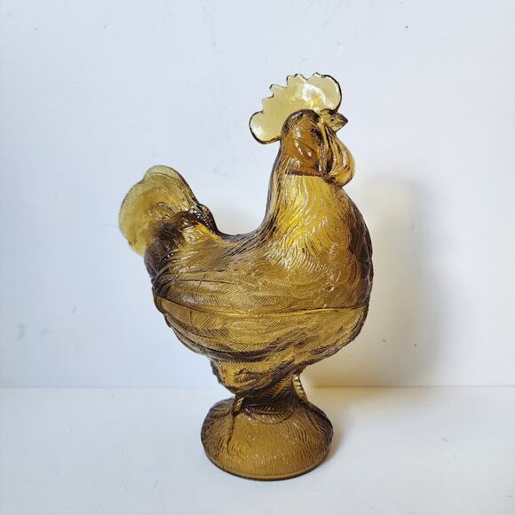 Unmarked Other - Vintage Golden Amber Glass Rooster Pedestal Lidded Candy Dish 9” Tall Unmarked